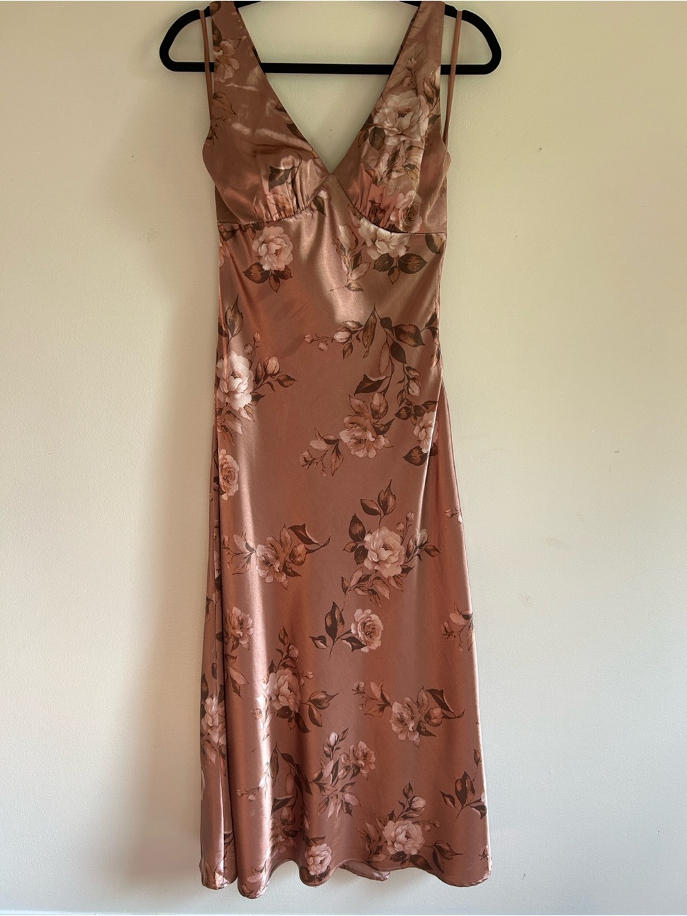 RowA Satin Floral Midi Slip Dress in Rose Bronze Size Medium